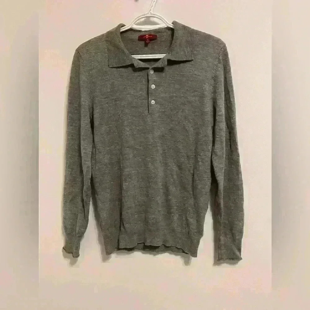 7 For all Mankind Wool Linen Blend  Sweater Collared Button Polo in grey medium